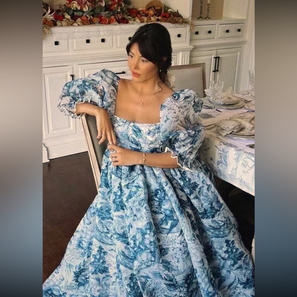 Selkie Blue Floral Puff-Sleeve Ball Gown
